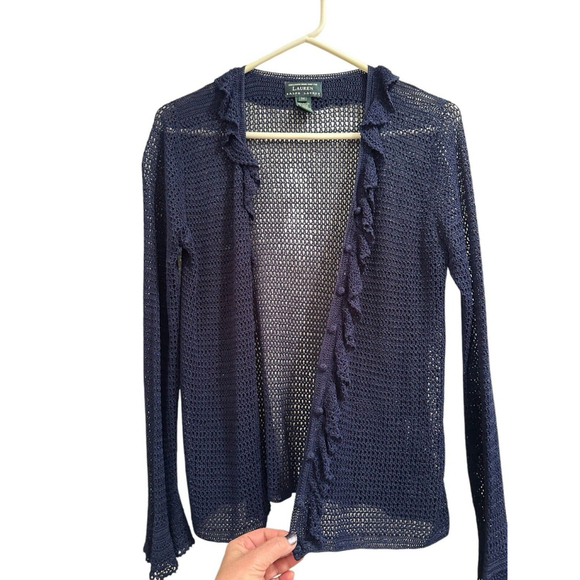 Ralph Lauren Sweaters - Lauren Ralph Lauren Hand Knit Cardigan Sweater Women M Blue Ruffle Long Sleeves